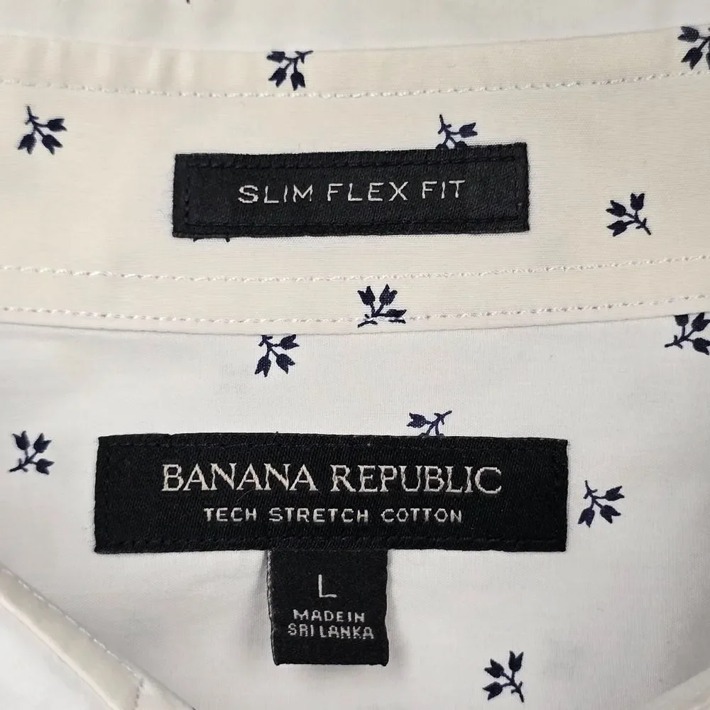 Banana Republic Mens L Tech Stretch Cotton White Blue Floral Pattern Shirt